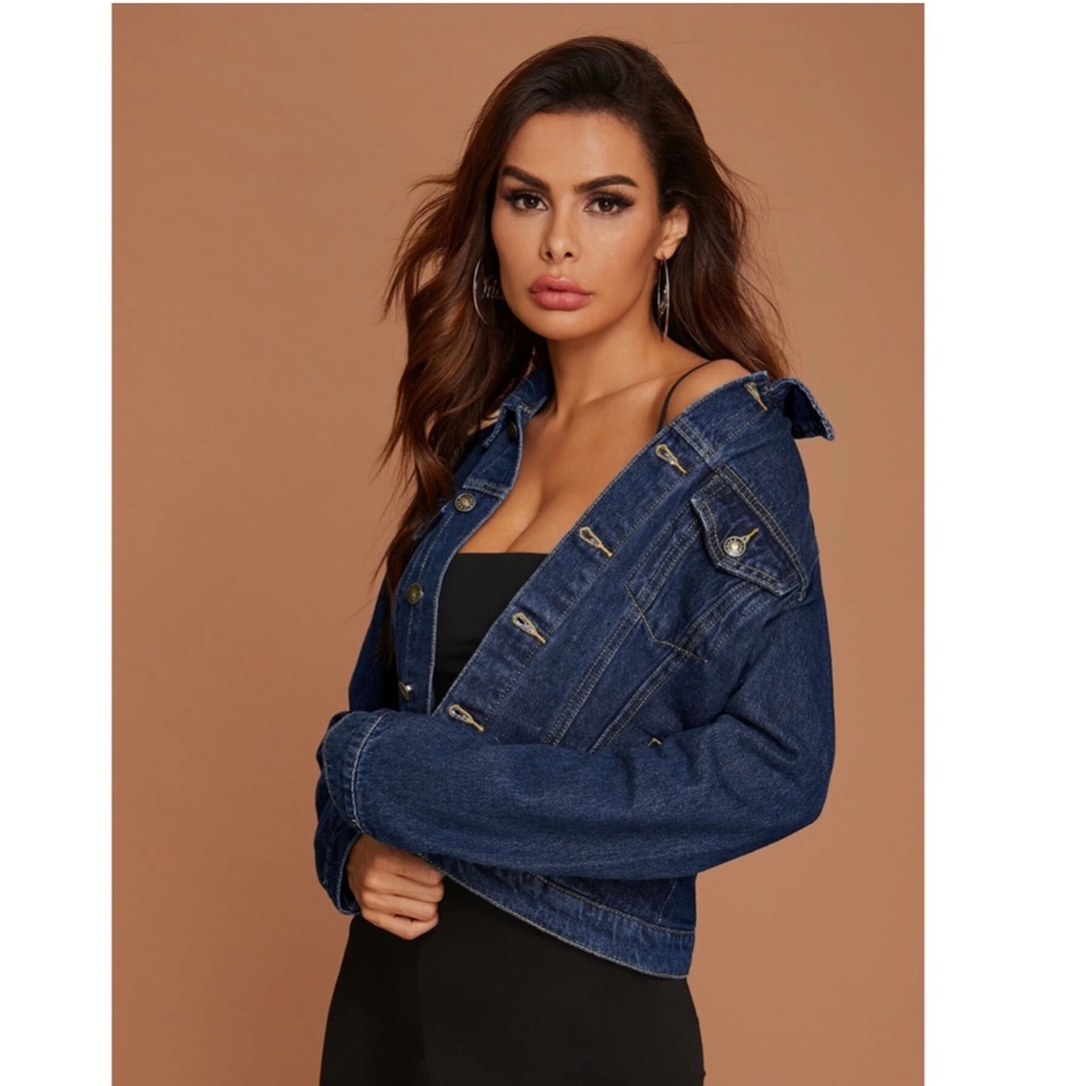 Dark Wash Blue Denim Jean Jacket Classic Button Up / Down Front Pockets - Picture 5 of 9